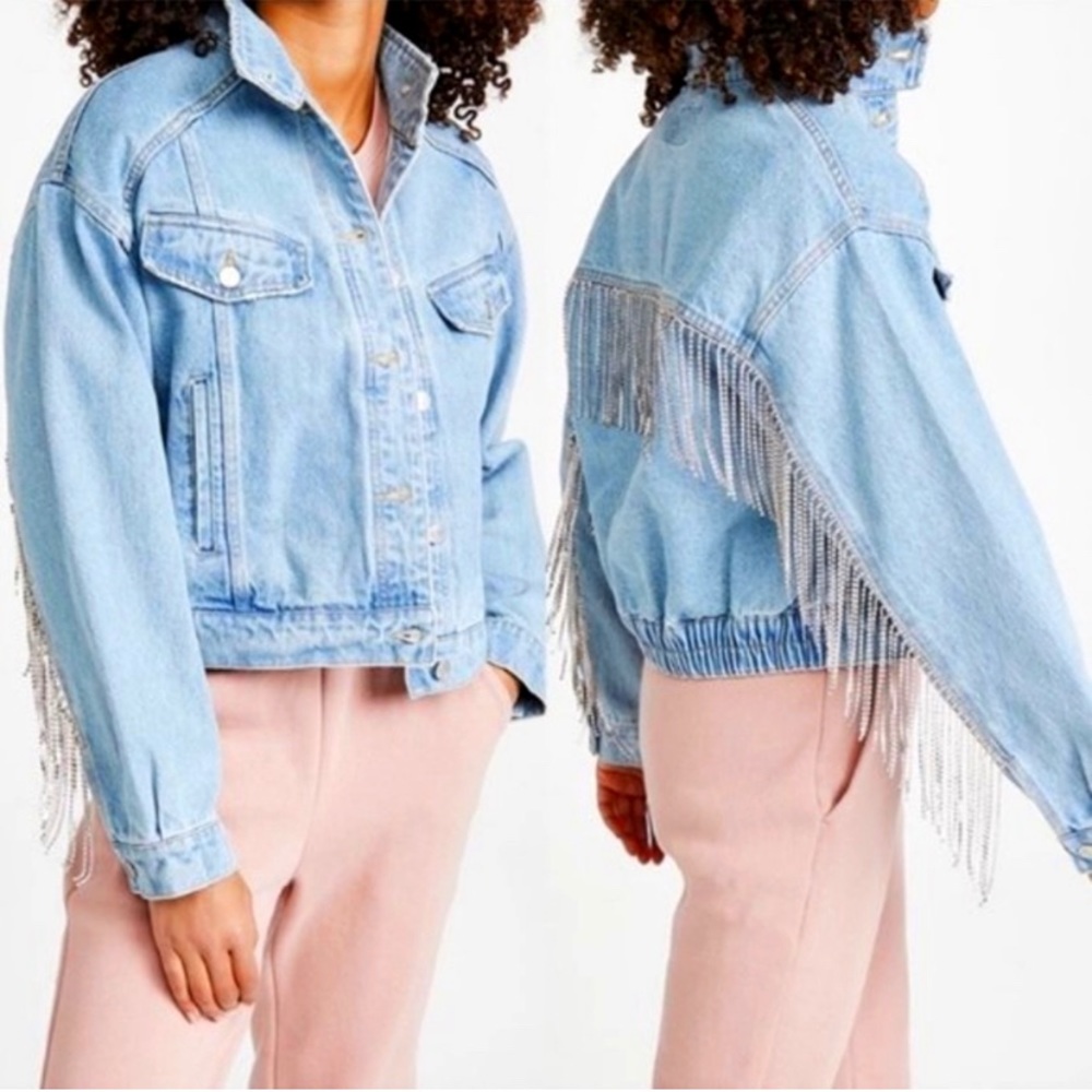 Free People Rhinestone Fringe Denim Bomber Jacket Meteor Wash XL - Picture 2 of 10